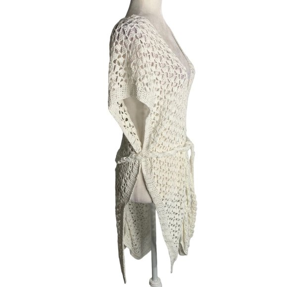 Handmade Loose Knit Cover Up Poncho One Size White V Neck Tie Belt Open Sides - Picture 3 of 8